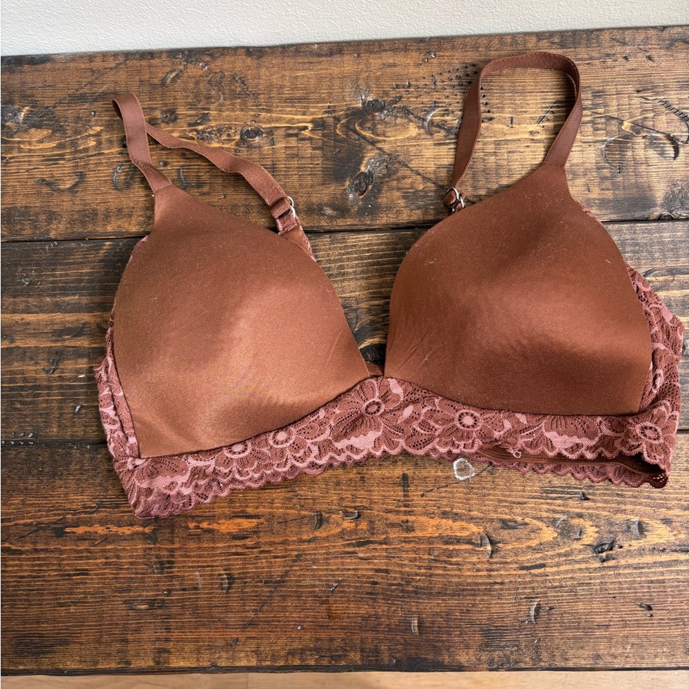 Aerie Sunnie Wireless Brown Lace Trim Bra 36D